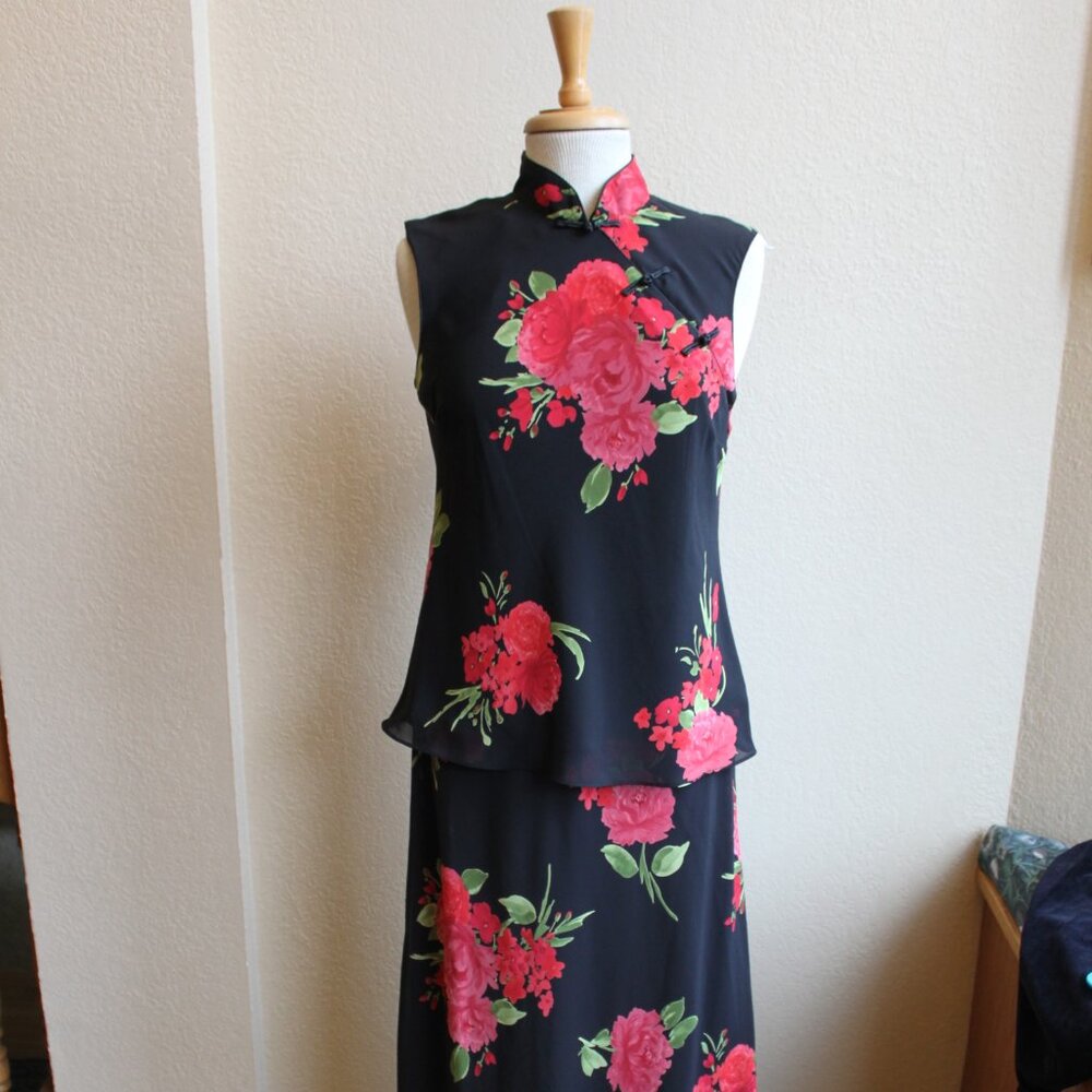 Studio I Vintage Y2K Black Red FLoral Long Skirt Asian-style top outfit 8